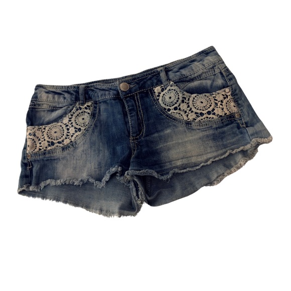No Boundaries Pants - No Boundaries Blue Jean Shorts with Lace Detail